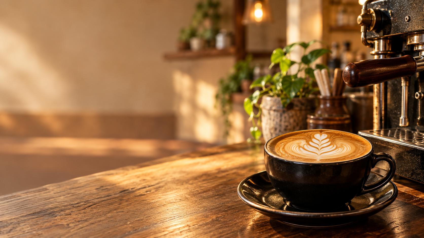 Cafea lângă un espressor, într-o atmosferă caldă