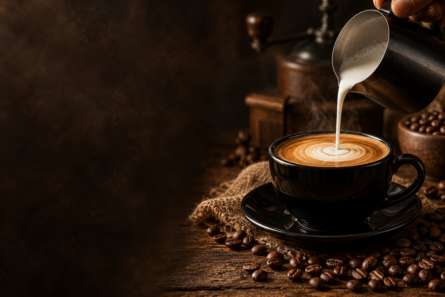 Lapte turnat într-o ceașcă de cafea, în lumină caldă